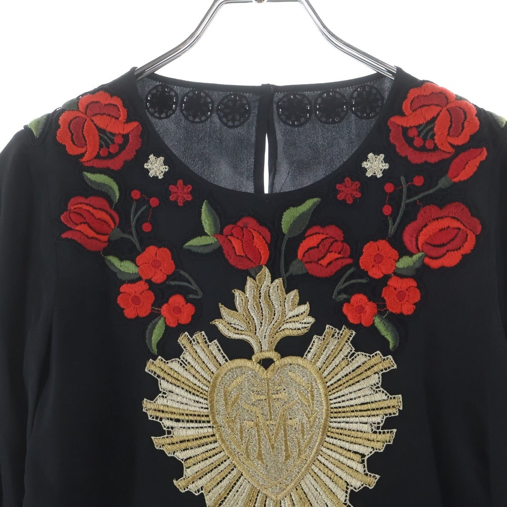 DOLCE & GABBANA(ドルチェアンドガッバーナ) エンブレム フラワー刺繍 シルク 長袖トップス ブラック レディース F7O55T