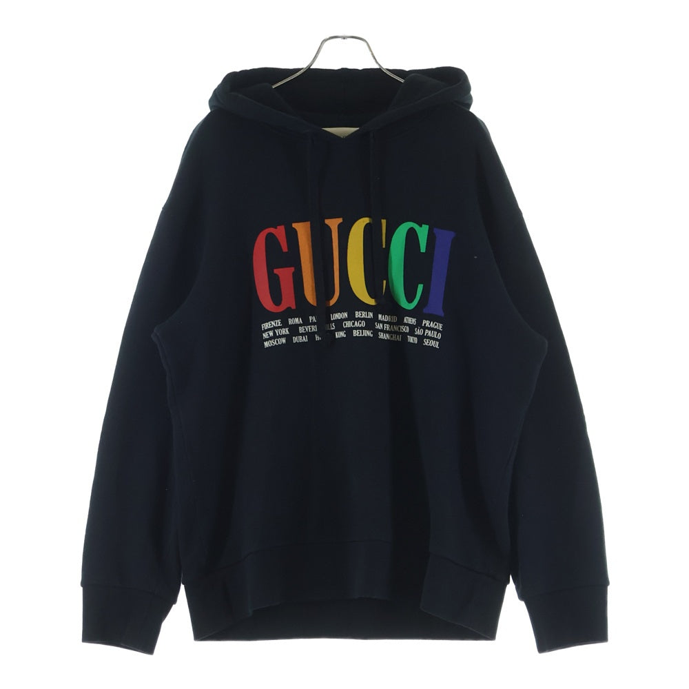 GUCCI(グッチ) シティロゴ プリント プルオーバー スウェットパーカー フーディー ブラック 475374