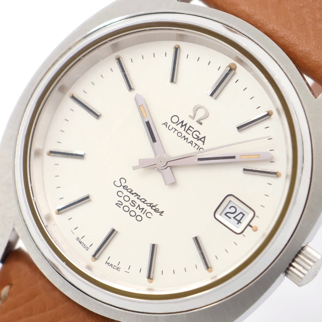 OMEGA(オメガ) シーマスター コスミック2000 白文字盤 レザーベルト 自動巻き 腕時計 シルバー/ブラウン 166.130