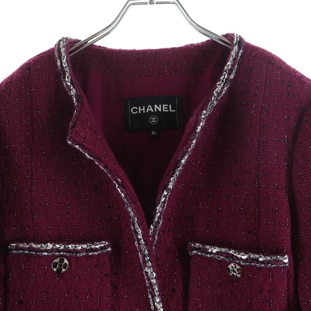 CHANEL(シャネル) ココマークボタンツイードノーカラー 2Bテーラードジャケット チェーン装飾 ボルドー P73183V64643 レディース
