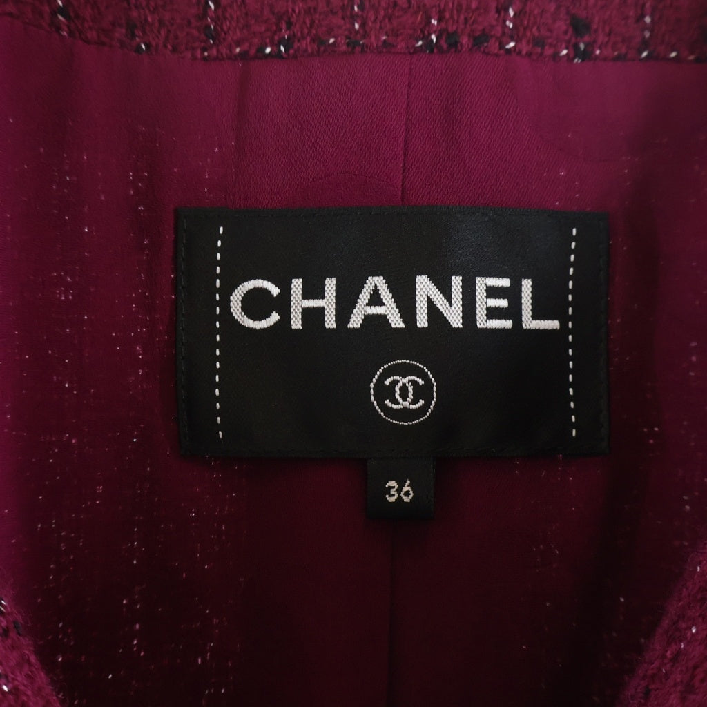 CHANEL(シャネル) ココマークボタンツイードノーカラー 2Bテーラードジャケット チェーン装飾 ボルドー P73183V64643 レディース