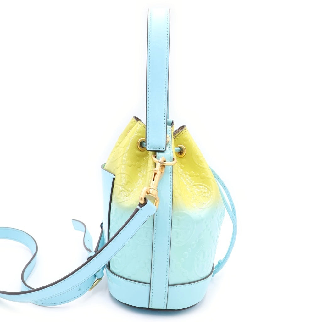 TORY BURCH(トリー バーチ) Tモノグラム バケットバッグ 2WAYバッグ ショルダーバッグ ライトブルー×イエロー エナメル ゴールド金具 レディース