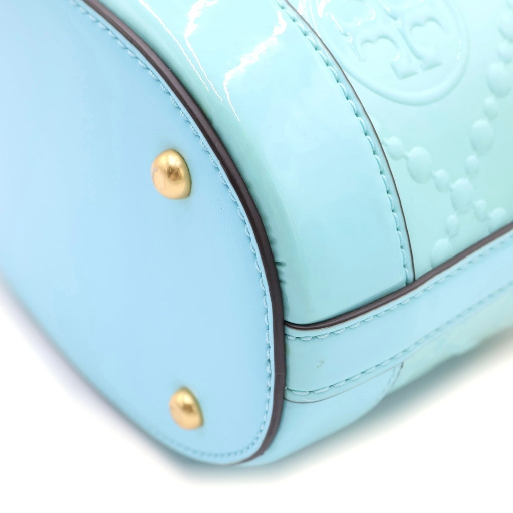 TORY BURCH(トリー バーチ) Tモノグラム バケットバッグ 2WAYバッグ ショルダーバッグ ライトブルー×イエロー エナメル ゴールド金具 レディース