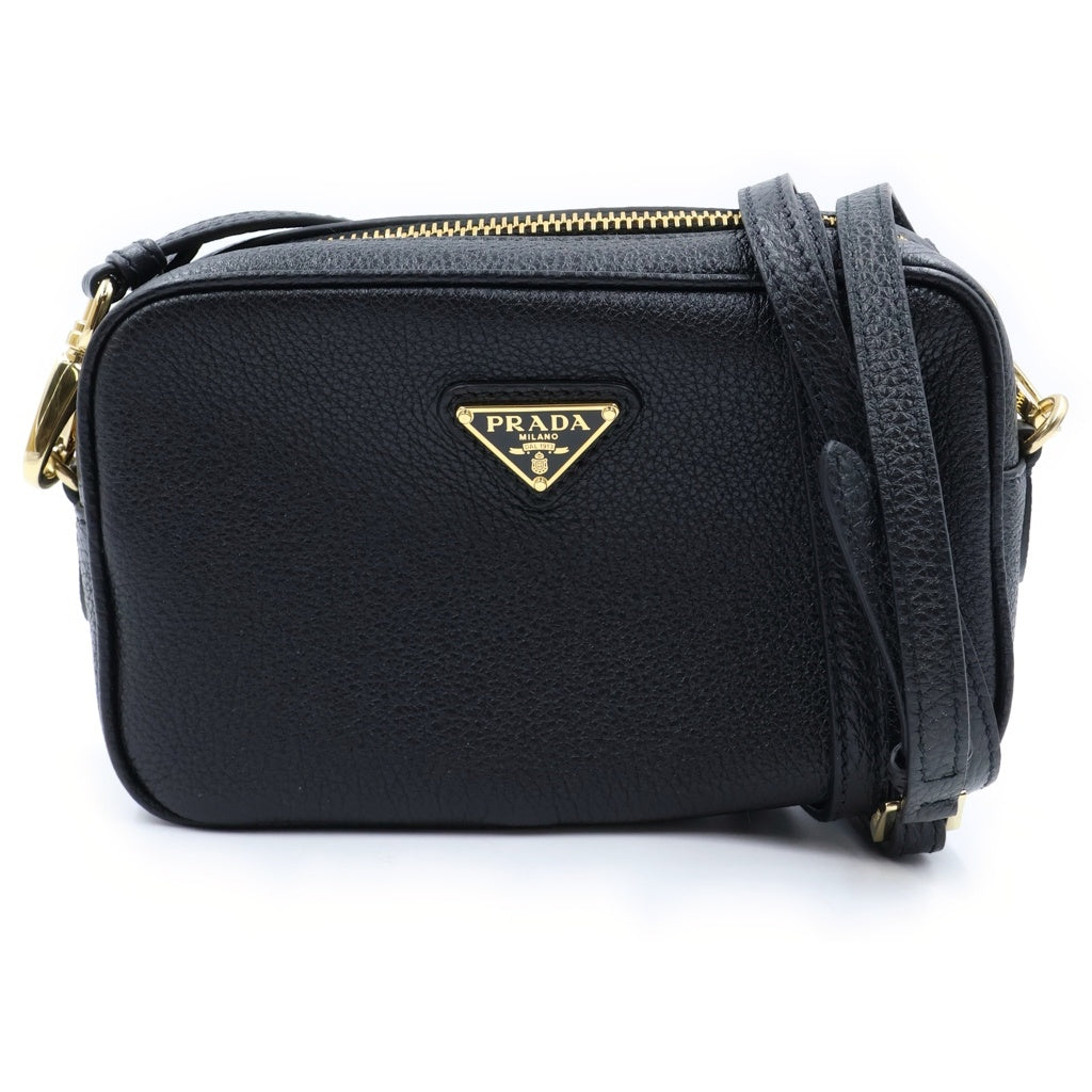 PRADA(プラダ) トライアングルロゴプレート レザー ミニ カメラ ショルダー バッグ ゴールド金具 ブラック 1NF060 レディース