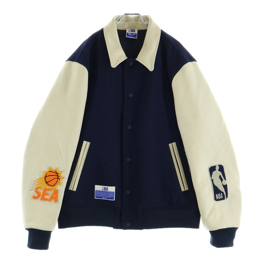 WIND AND SEA(ウィンダンシー) WIND AND SEA×NBA Leather Melton Jacket ウィンダーシー×エヌビーエー レザー×ウール メルトン ジャケット レザージャケット ネイビー×ベージュ WDS-C-NBA-23-Q2-01