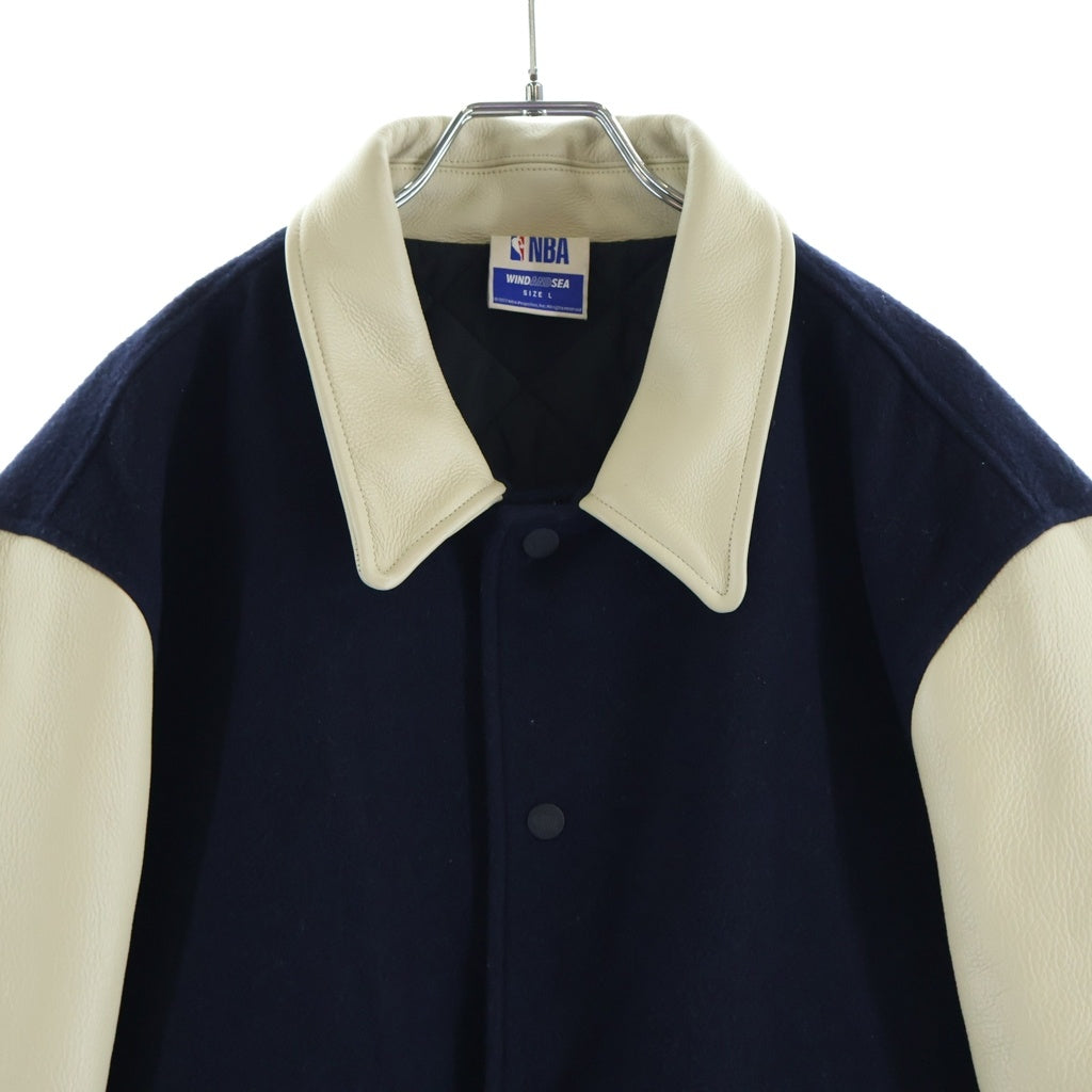 WIND AND SEA(ウィンダンシー) WIND AND SEA×NBA Leather Melton Jacket ウィンダーシー×エヌビーエー レザー×ウール メルトン ジャケット レザージャケット ネイビー×ベージュ WDS-C-NBA-23-Q2-01
