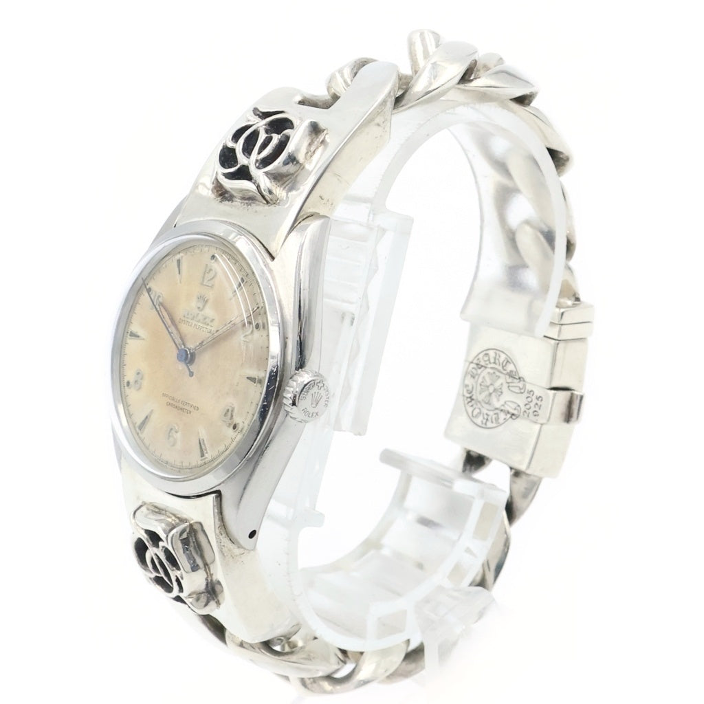 ROLEX(ロレックス) ×CHROME HEARTS フローラル クラシックチェーン ウォッチブレスレット オイスターパーペチュアル セミバブルバック シルバー文字盤 SS×SV/AT オートマ 自動巻き 腕時計 シルバー 6084