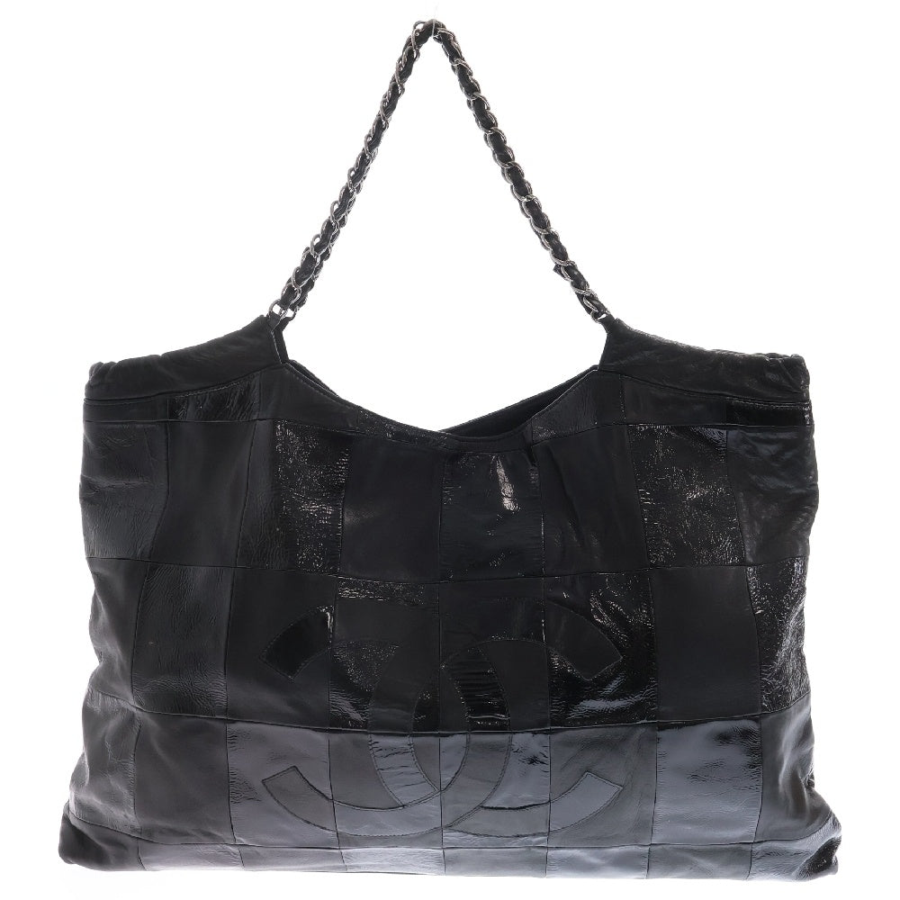 CHANEL(シャネル) ココマーク パッチワーク チェーントートバッグ パテント×レザー シルバー金具 ブラック