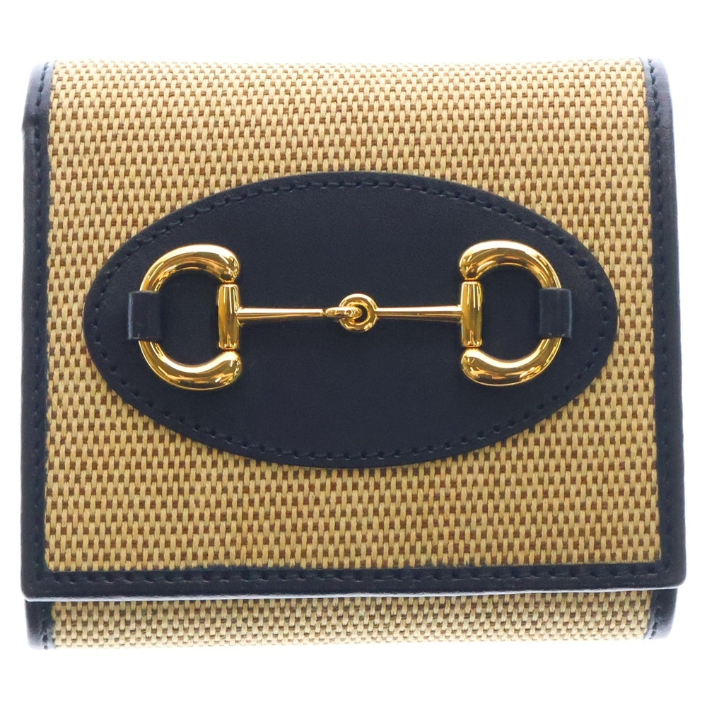 GUCCI(グッチ) ホースビット 2つ折りコンパクトウォレット 財布 キャンバス×レザー ネイビー×ベージュ ゴールド金具 621891