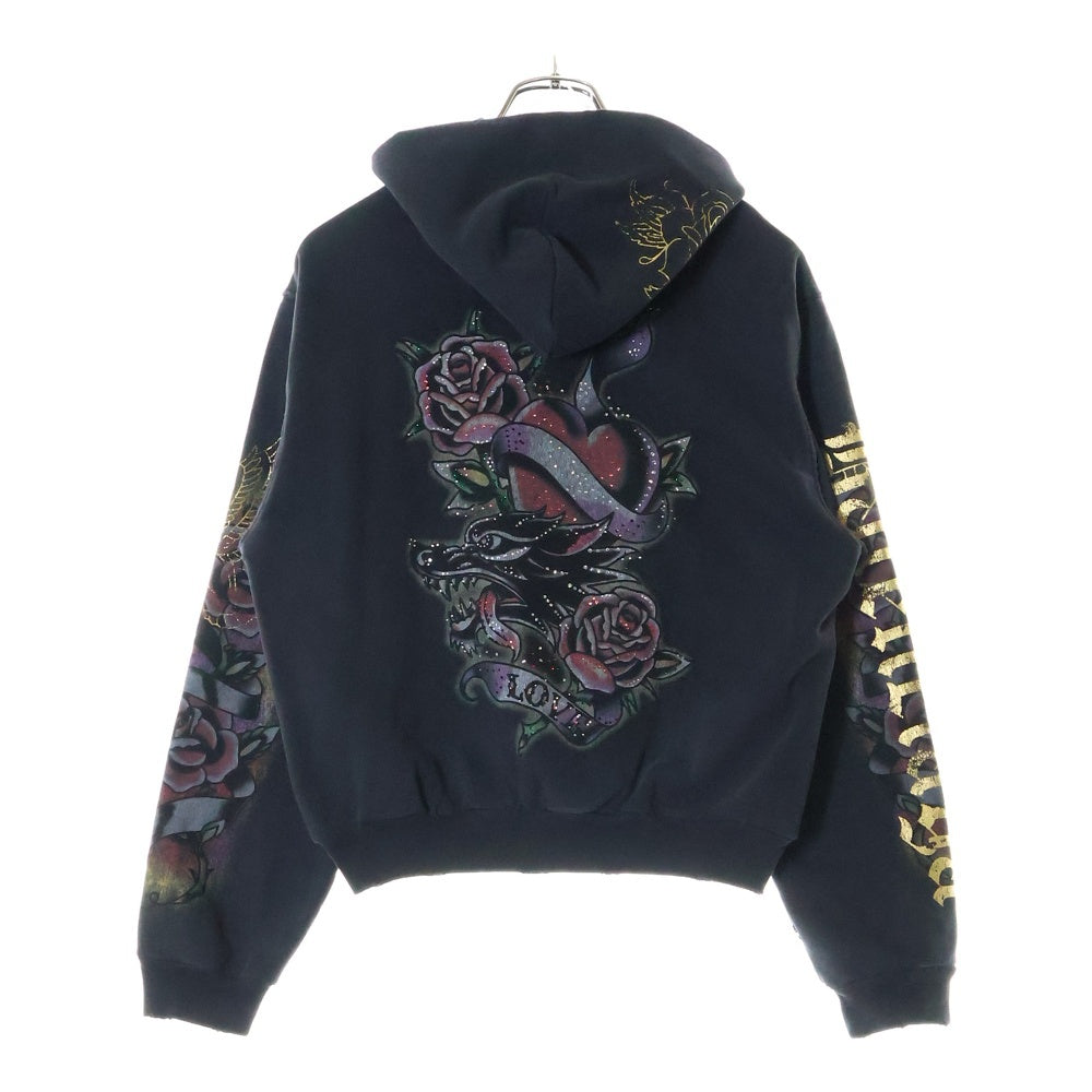BALENCIAGA(バレンシアガ) 25AW Tacky Tattoo Zip Up Hoodie ダメージ加工 タトゥー ロゴ ラインストーン ジップアップ スウェットパーカー フーディー ブラック 811611 TRVS3