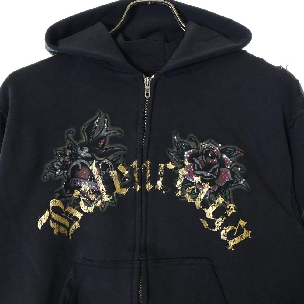 BALENCIAGA(バレンシアガ) 25AW Tacky Tattoo Zip Up Hoodie ダメージ加工 タトゥー ロゴ ラインストーン ジップアップ スウェットパーカー フーディー ブラック 811611 TRVS3
