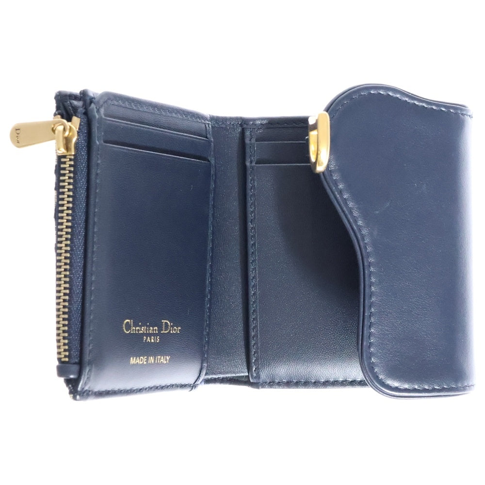 Christian Dior(クリスチャンディオール) サドル ロータスウォレット コンパクトウォレット コインケース 三つ折り財布 ネイビー レザー×キャンバス ゴールド金具S5652CNKO_M928