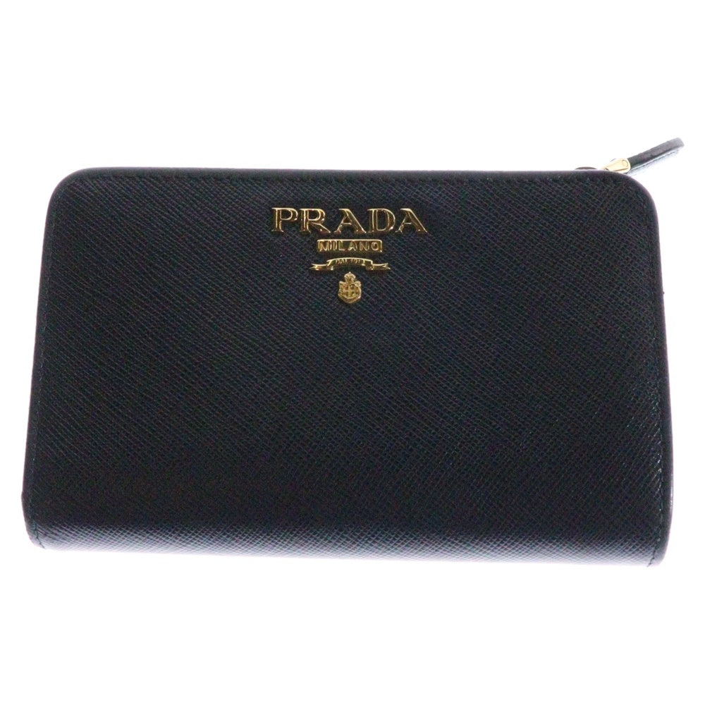 PRADA(プラダ) サフィアーノ 二つ折り財布 コンパクトウォレット コインケース ネイビー ゴールド金具 レザー 1ML225