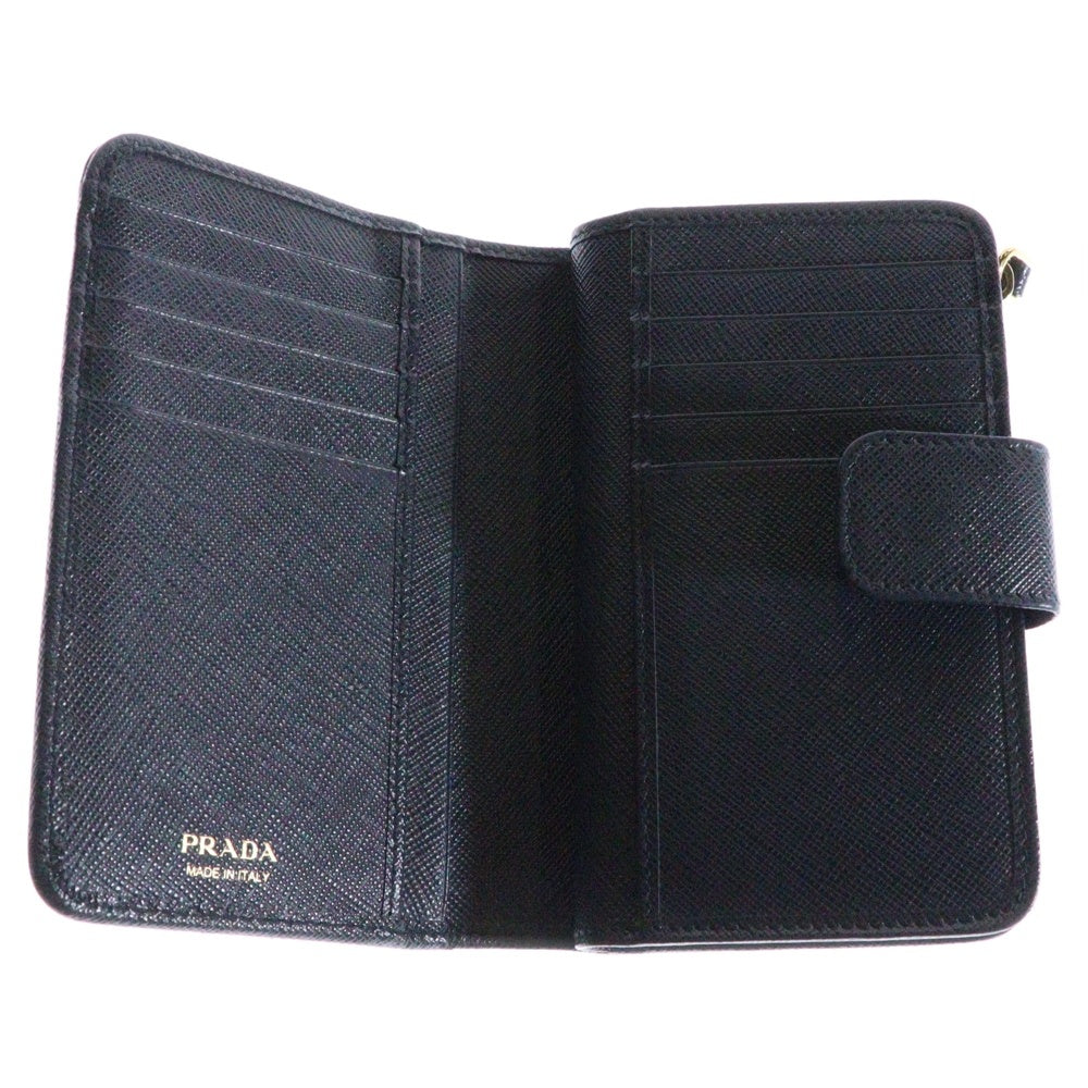 PRADA(プラダ) サフィアーノ 二つ折り財布 コンパクトウォレット コインケース ネイビー ゴールド金具 レザー 1ML225