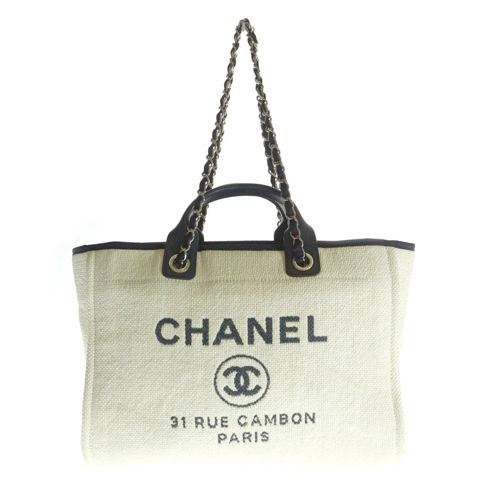 CHANEL(シャネル) ドーヴィルGM トートバッグ ハンドバッグ ホワイト×ネイビー シルバー金具 ラフィア