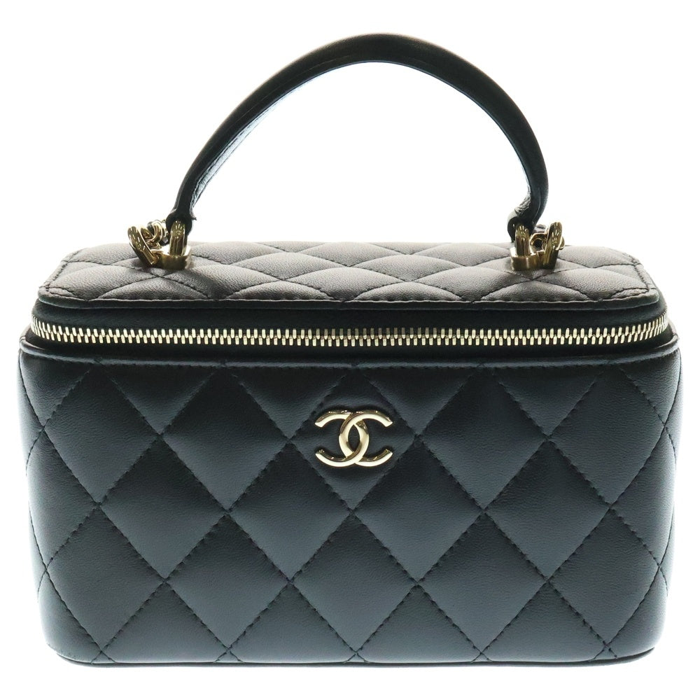 CHANEL(シャネル) ココマーク マトラッセ トップハンドル ラムスキン レザーチェーンショルダーバッグ バニティバッグ ブラック レディース