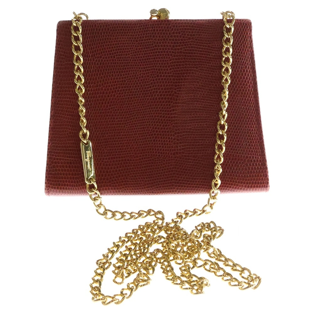 FERRAGAMO(フェラガモ) ヴァラ リボン 型押し チェーン ショルダーバッグ レッド レザー