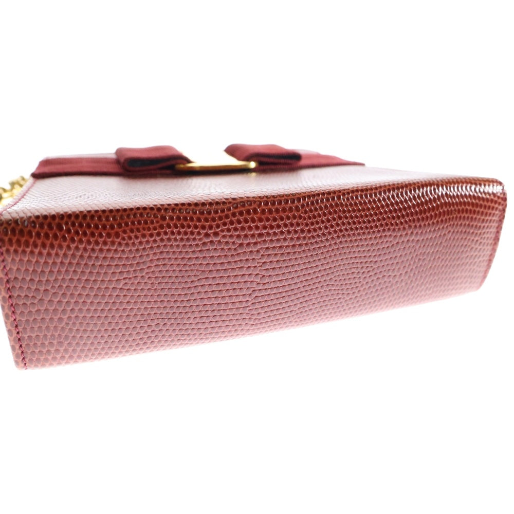 FERRAGAMO(フェラガモ) ヴァラ リボン 型押し チェーン ショルダーバッグ レッド レザー