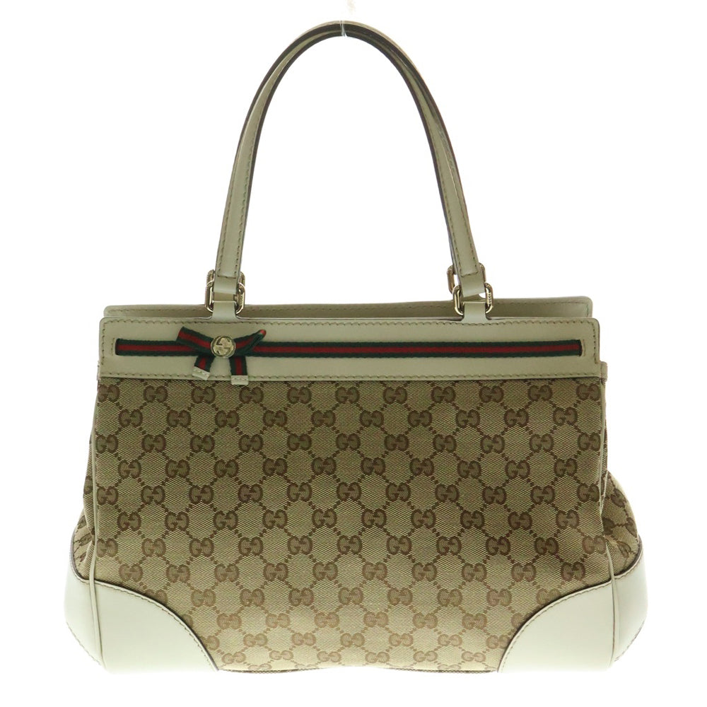 GUCCI(グッチ) GGキャンバス メイフェア ウェブ シェリーライン リボン レザー ハンド トートバッグ ゴールド金具 ベージュ 257063