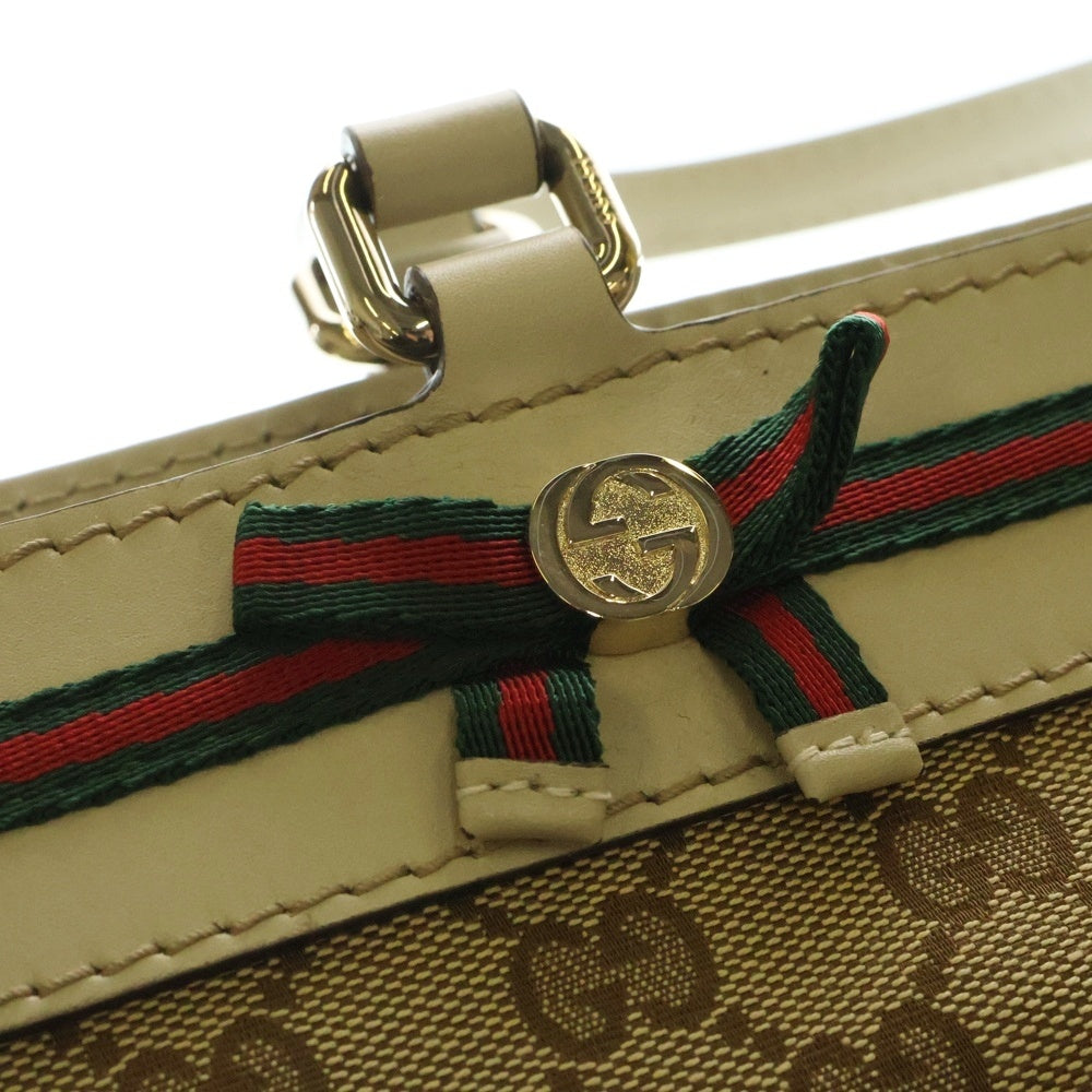 GUCCI(グッチ) GGキャンバス メイフェア ウェブ シェリーライン リボン レザー ハンド トートバッグ ゴールド金具 ベージュ 257063