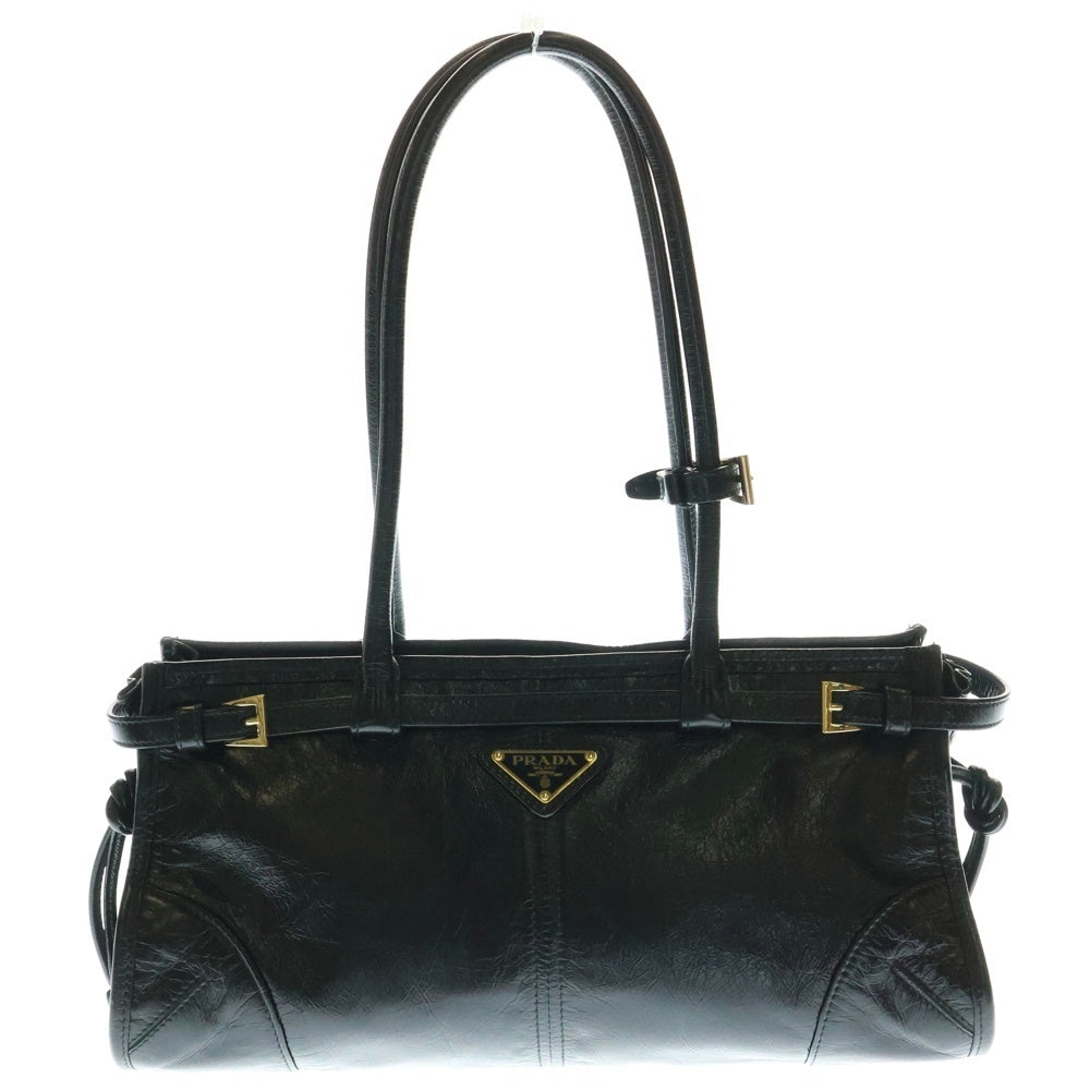 PRADA(プラダ) ボニー トライアングルロゴプレート ミディアム ハンドバッグ ブラックゴールド金具 レザー 1BA433
