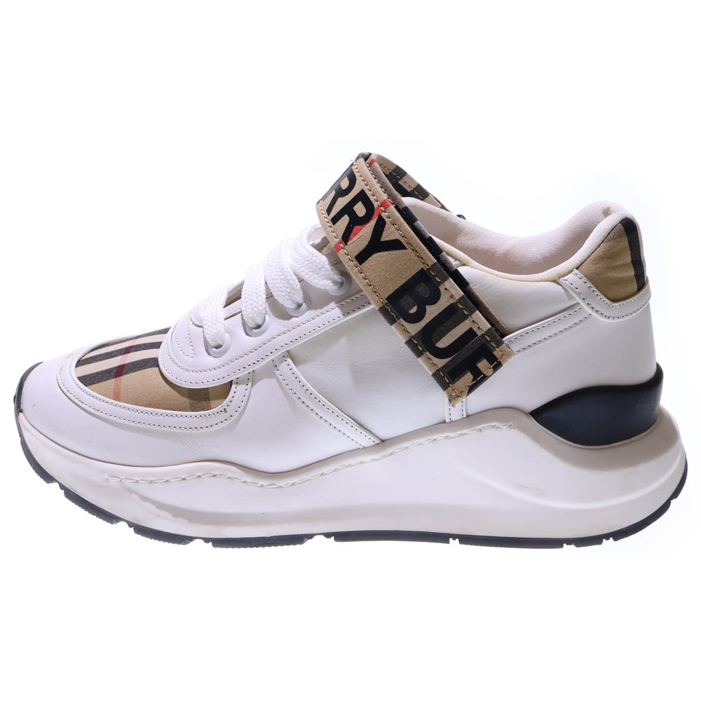 BURBERRY(バーバリー) ロゴプリント ノバチェック柄切り替え レザー ナイロン レースアップ ローカットシューズ スニーカー ホワイト/ベージュ レディース