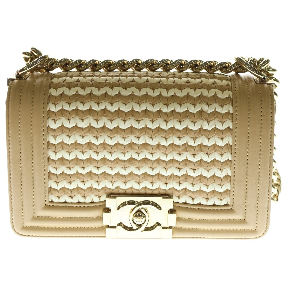 CHANEL(シャネル) ボーイシャネル ココマーク スモール 編み込みレザーチェーンショルダーバッグ ベージュ/ホワイト レディース A67085