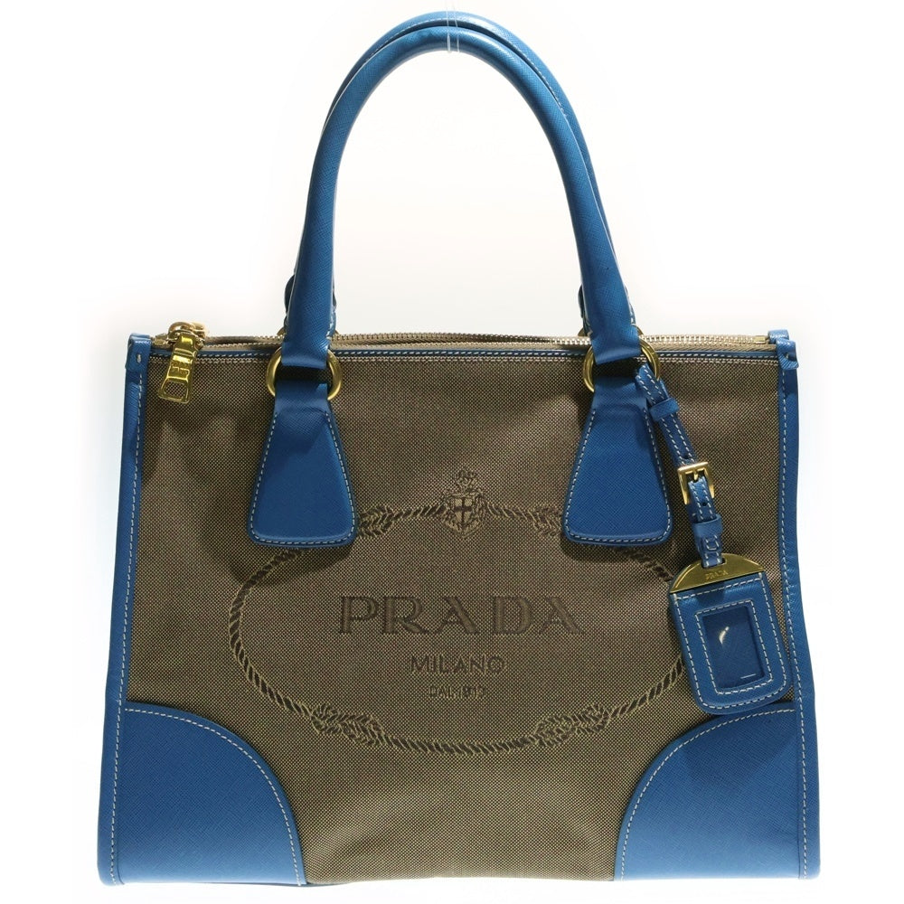 PRADA(プラダ) ロゴジャガード トートバッグ ハンドバッグ ブラウン×ブルー ゴールド金具 レザー×キャンバス