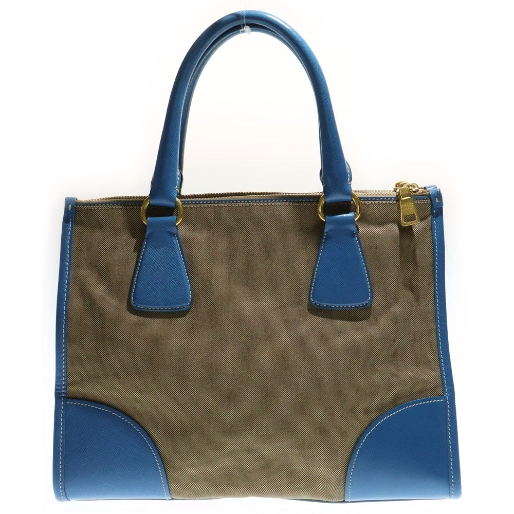 PRADA(プラダ) ロゴジャガード トートバッグ ハンドバッグ ブラウン×ブルー ゴールド金具 レザー×キャンバス