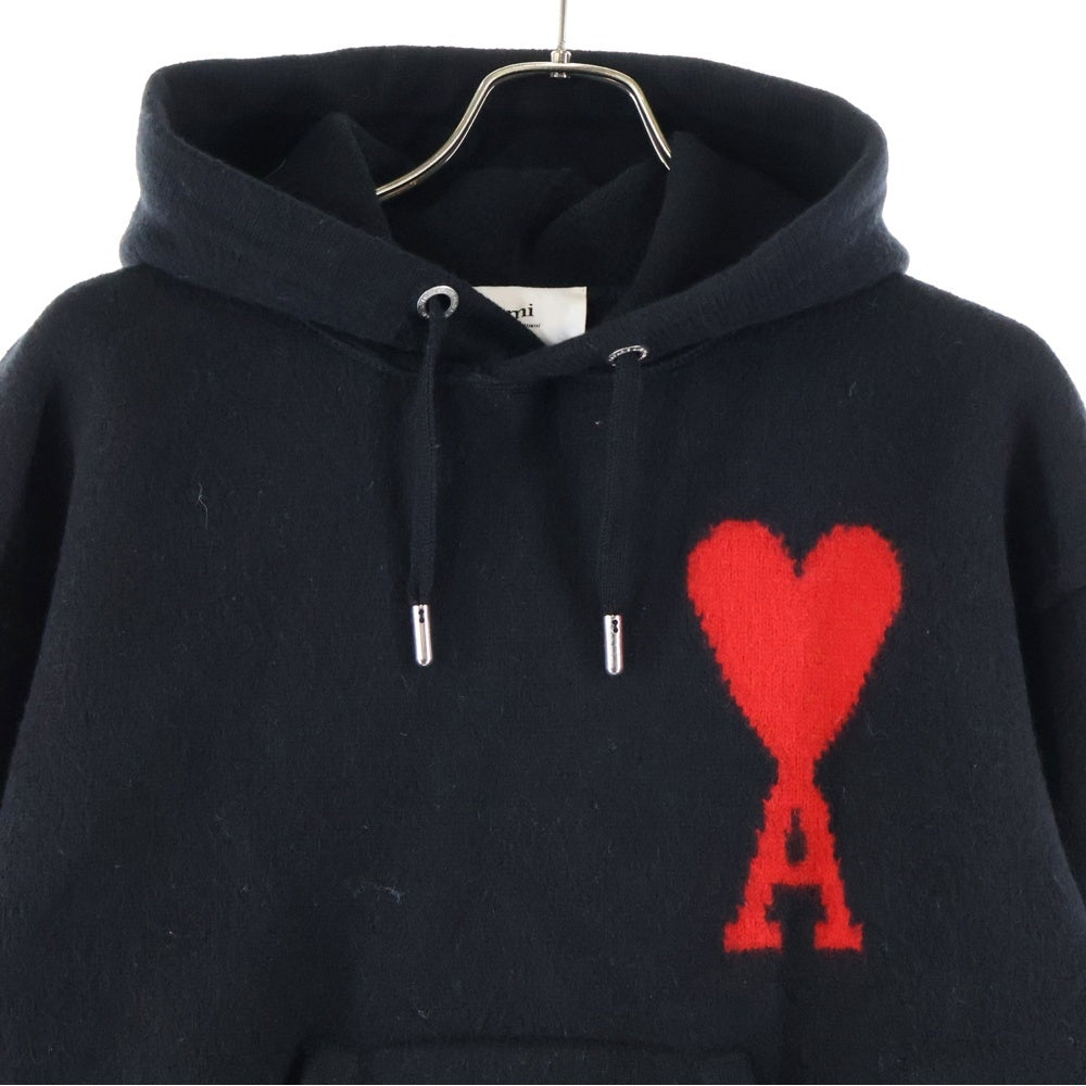 ami paris(アミパリス) Ami de Coeur アミ ドゥ クール ハートロゴジャガード ウール ニット プルオーバー パーカー フーディー セーター ブラック UKS802.018