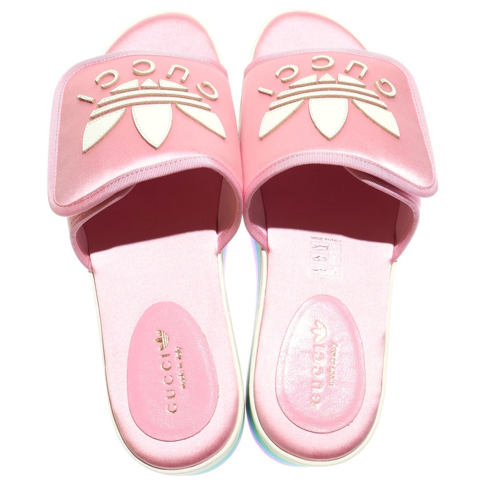 GUCCI(グッチ) ×adidas アディダス トレフォイルロゴ レザーワッペン シルクサテン マルチカラー プラットフォーム 厚底 サンダル シューズ ピンク レディース 702294