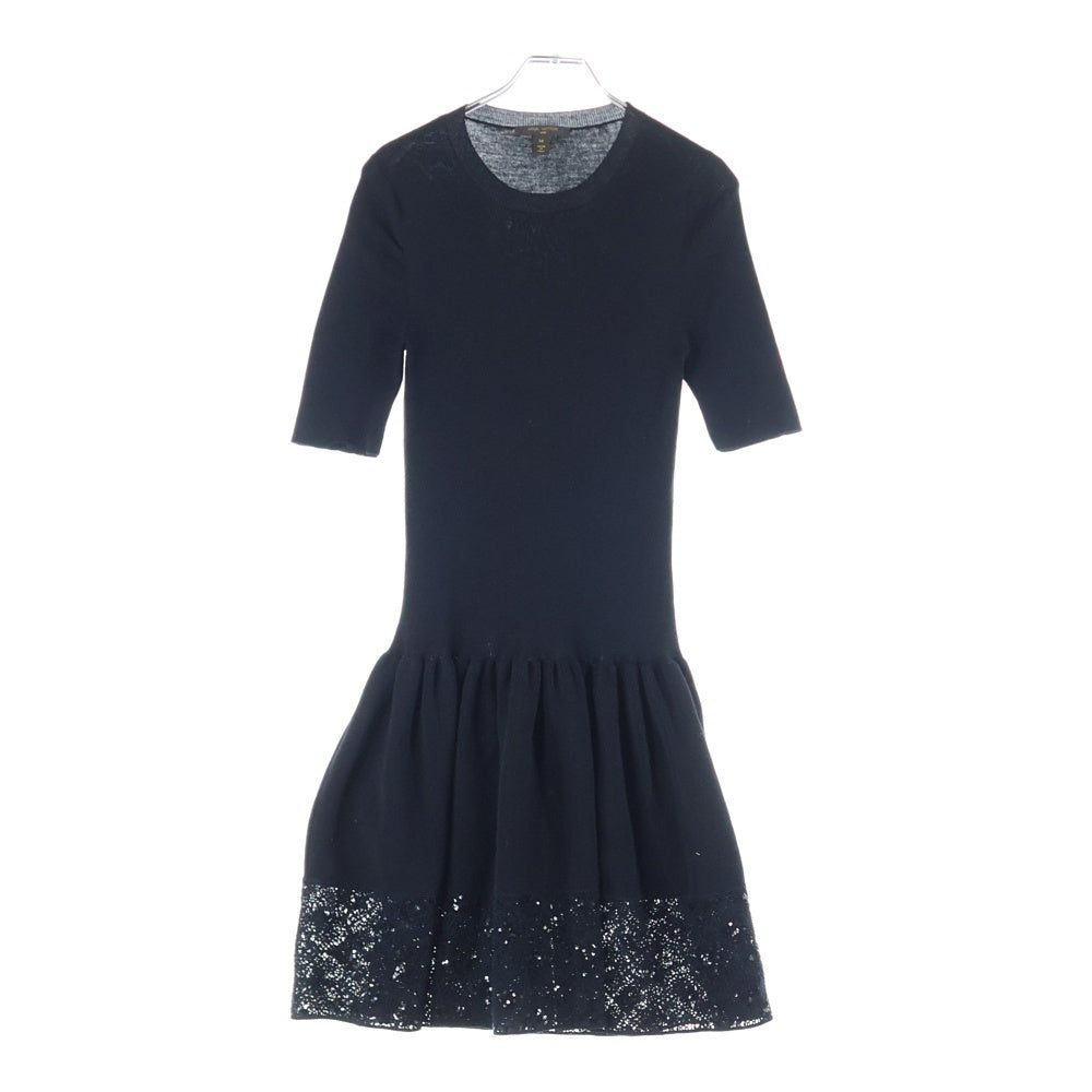 LOUIS VUITTON(ルイヴィトン) 14AW モノグラム柄 スパンコール装飾 レース切り替え ウール ニット クルーネック ハーフスリーブ ミディアムワンピース レディース RW142W F6KD06OFH
