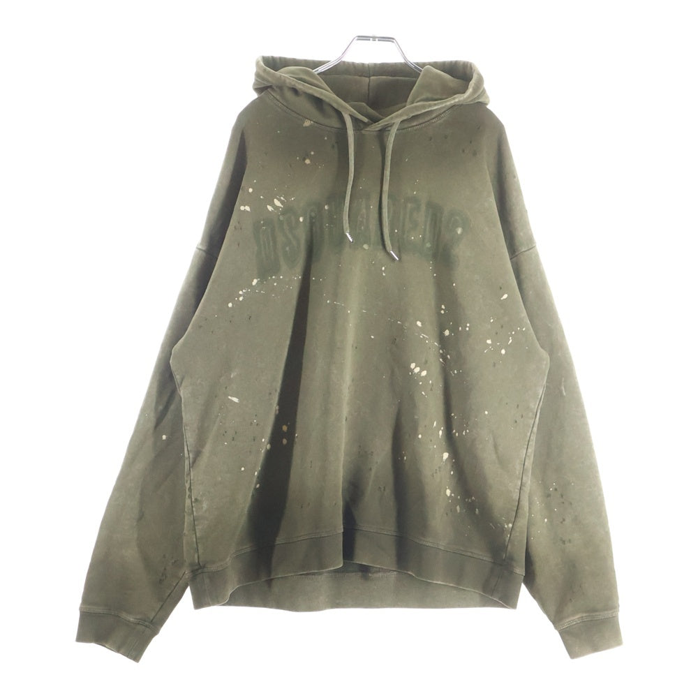 DSQUARED2(ディースクエアード) 24AW DELAV RELAX FIT HOODIE SWEATSHIRT アーチロゴ ダメージ加工フーディー プルオーバー パーカー カーキ S74GU0818