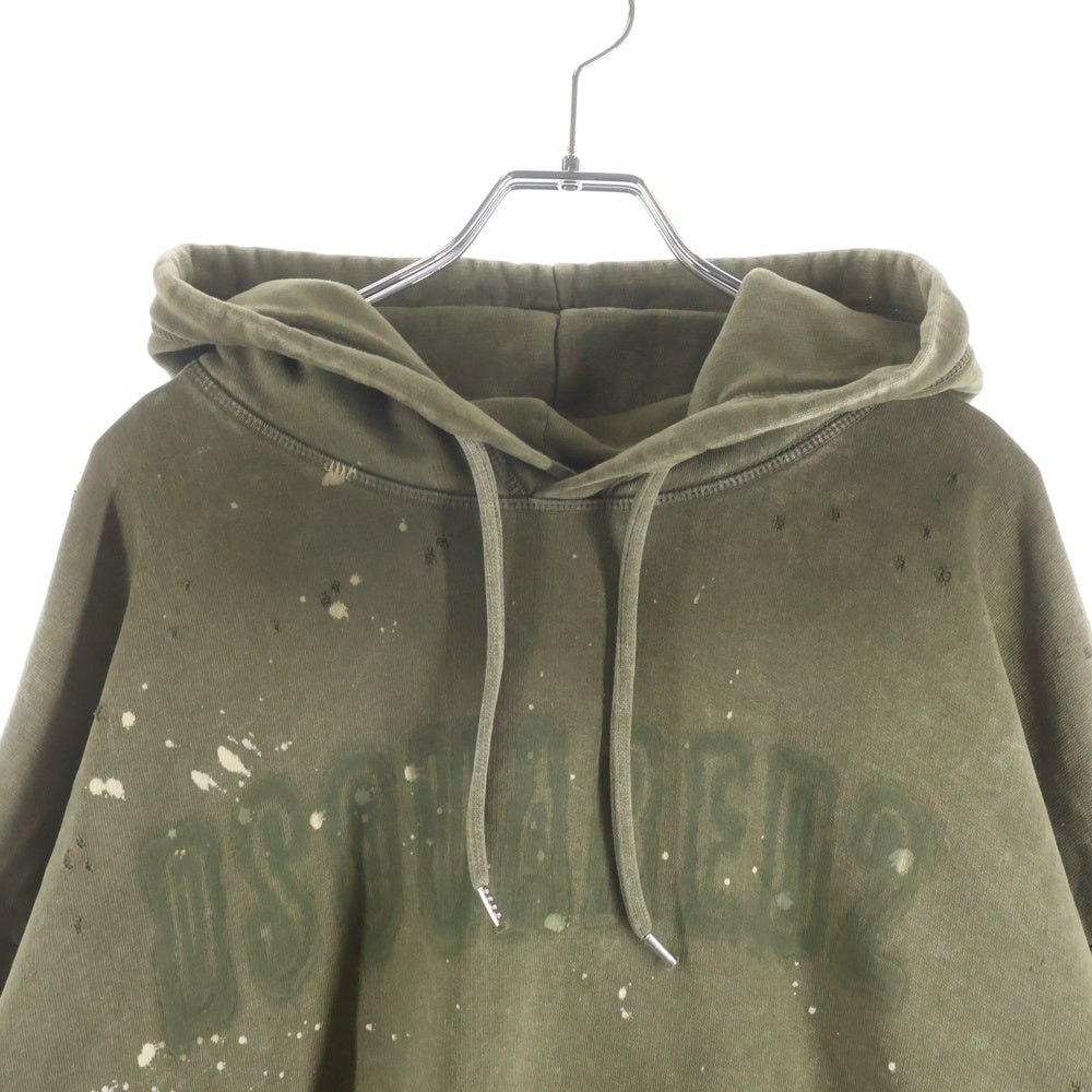 DSQUARED2(ディースクエアード) 24AW DELAV RELAX FIT HOODIE SWEATSHIRT アーチロゴ ダメージ加工フーディー プルオーバー パーカー カーキ S74GU0818