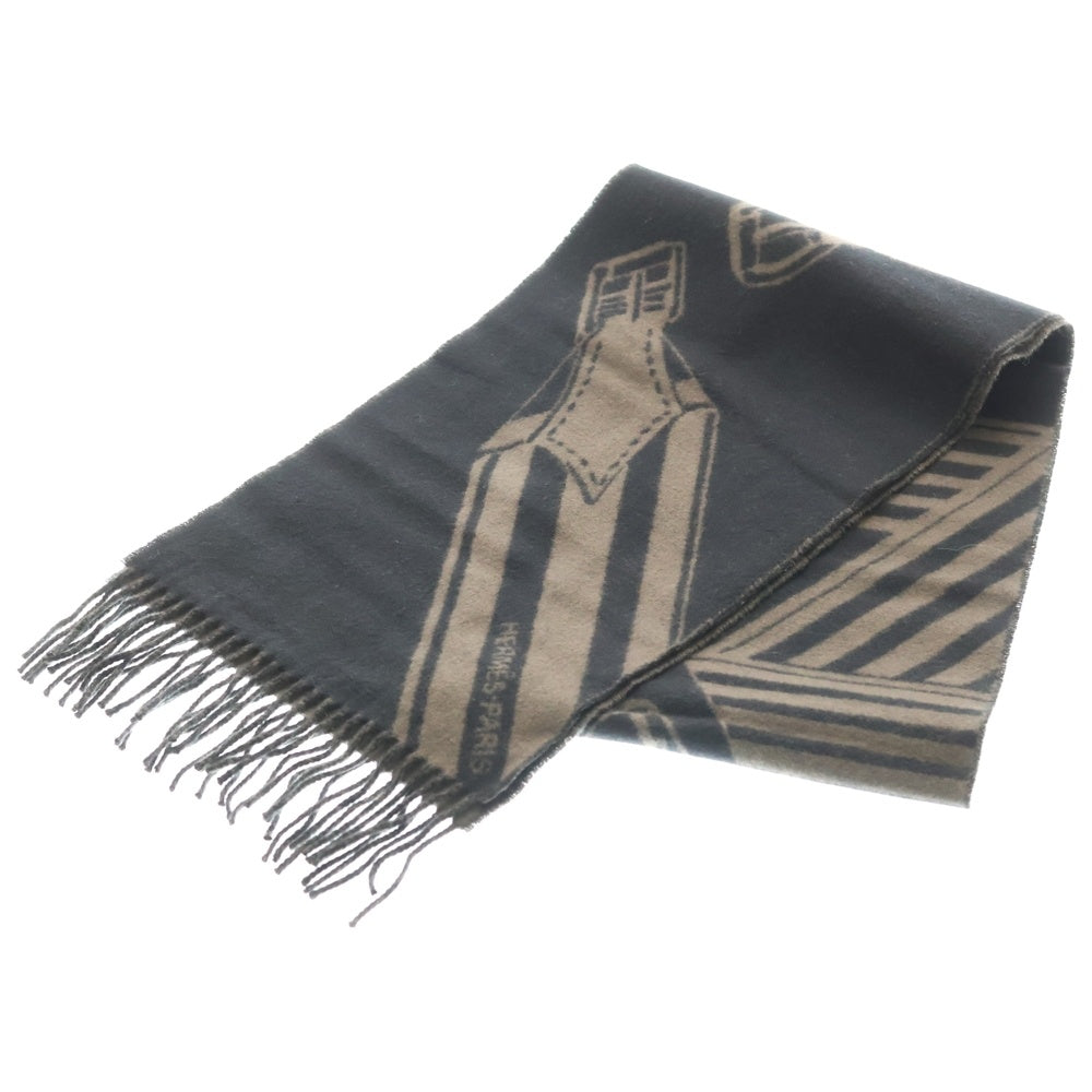 HERMES(エルメス) ジグザグのサングル フリンジ マフラー ストール カシミヤ ダークブラウン