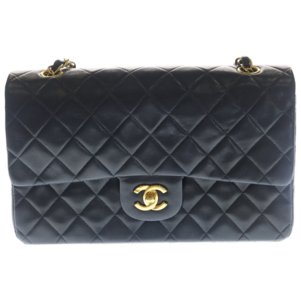 CHANEL(シャネル) マトラッセ25 ダブルフラップ ダブルチェーン ショルダーバッグ ブラック ラムスキン ゴールド金具 レディース