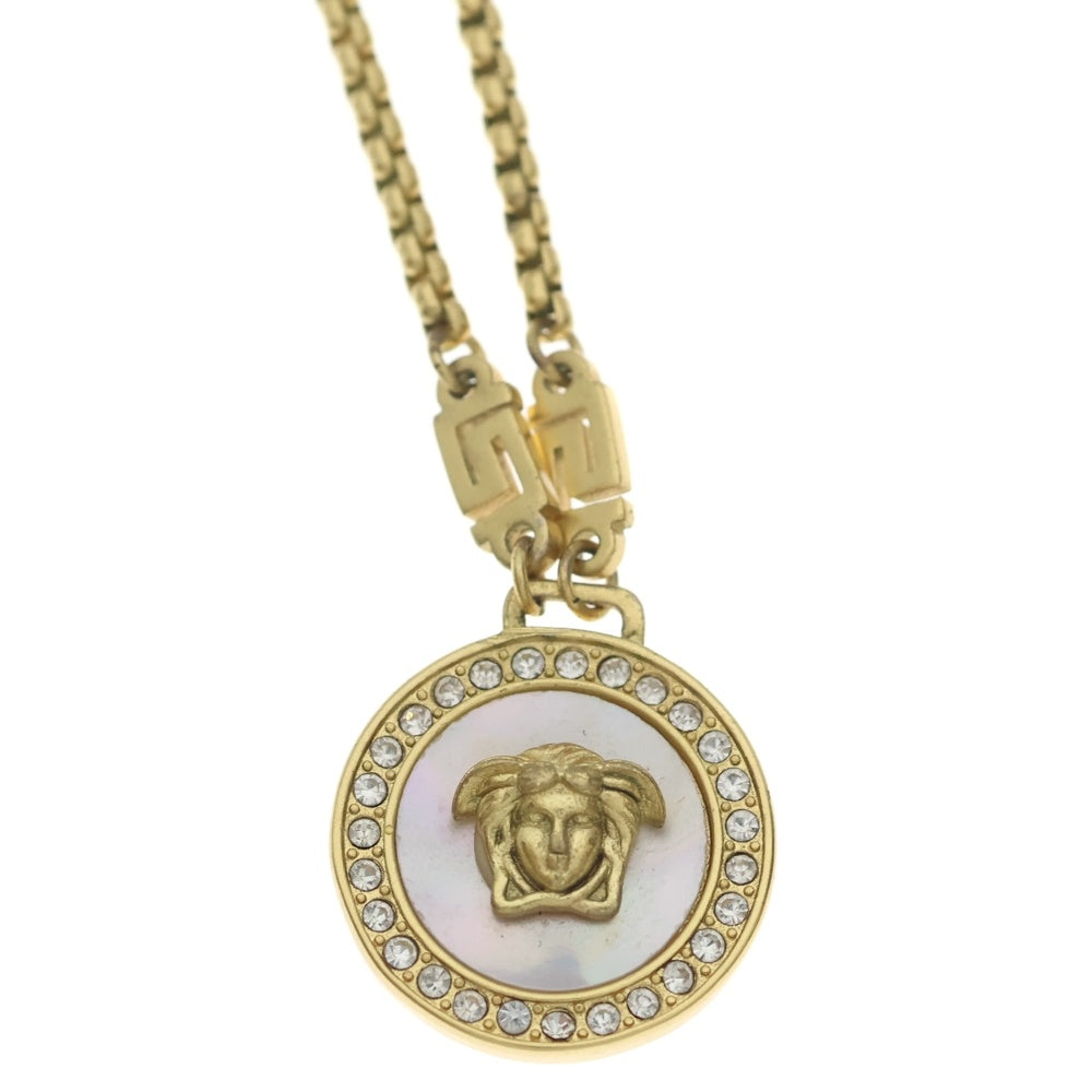 VERSACE(ヴェルサーチ) メデューサ ラインストーン サークルネックレス ペンダント チェーン ゴールド GP×ホワイトシェル