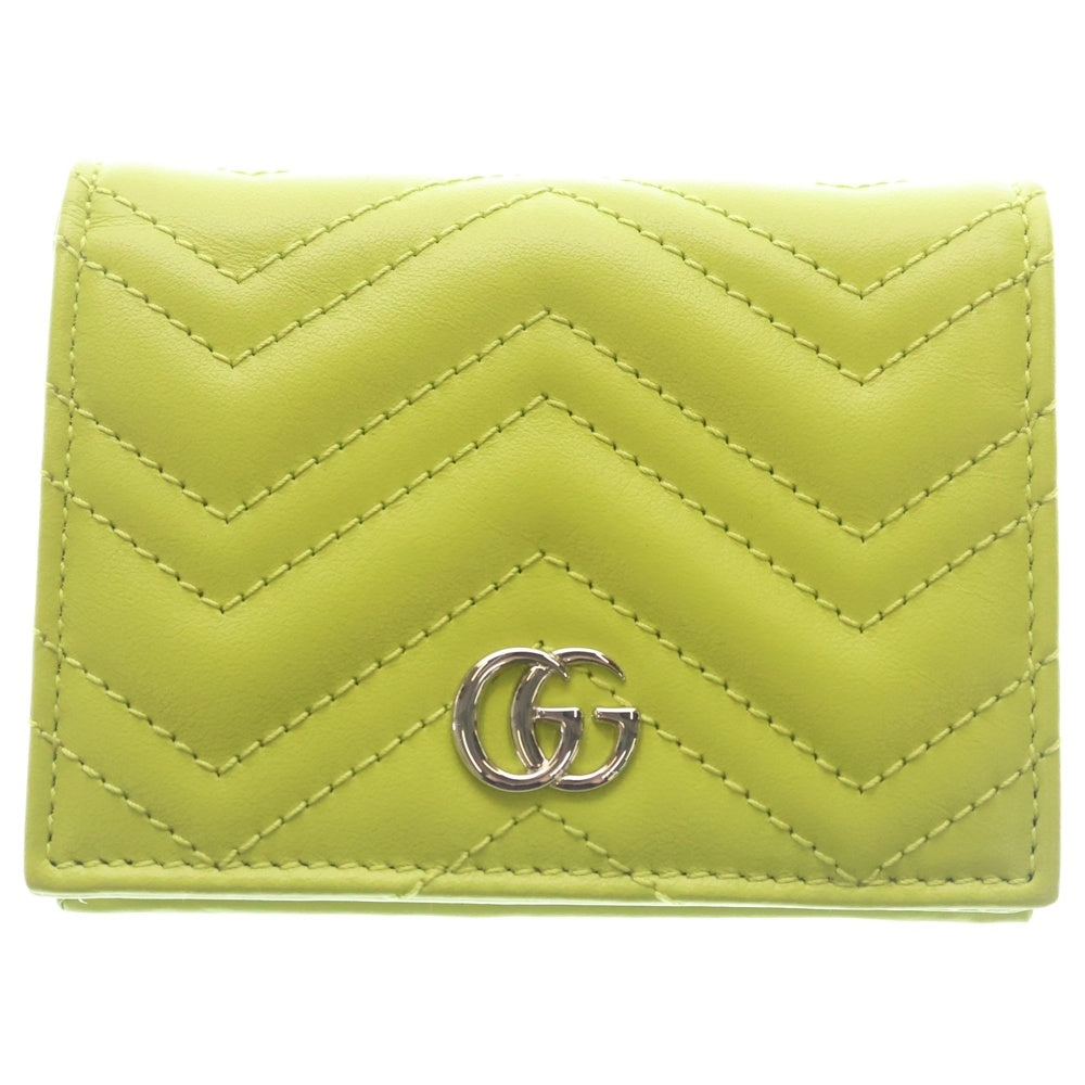 GUCCI(グッチ) GGマーモント コンパクトウォレット 二つ折り財布 コインケース イエローグリーン レザー 466492 シルバー金具 レディース