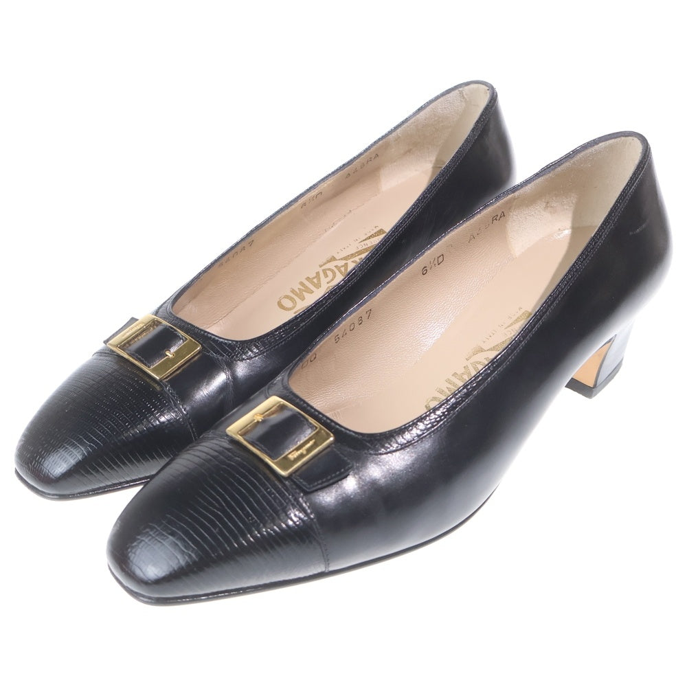 FERRAGAMO(フェラガモ) ロゴバックル レザー ヒール パンプス シューズ ブラック レディース
