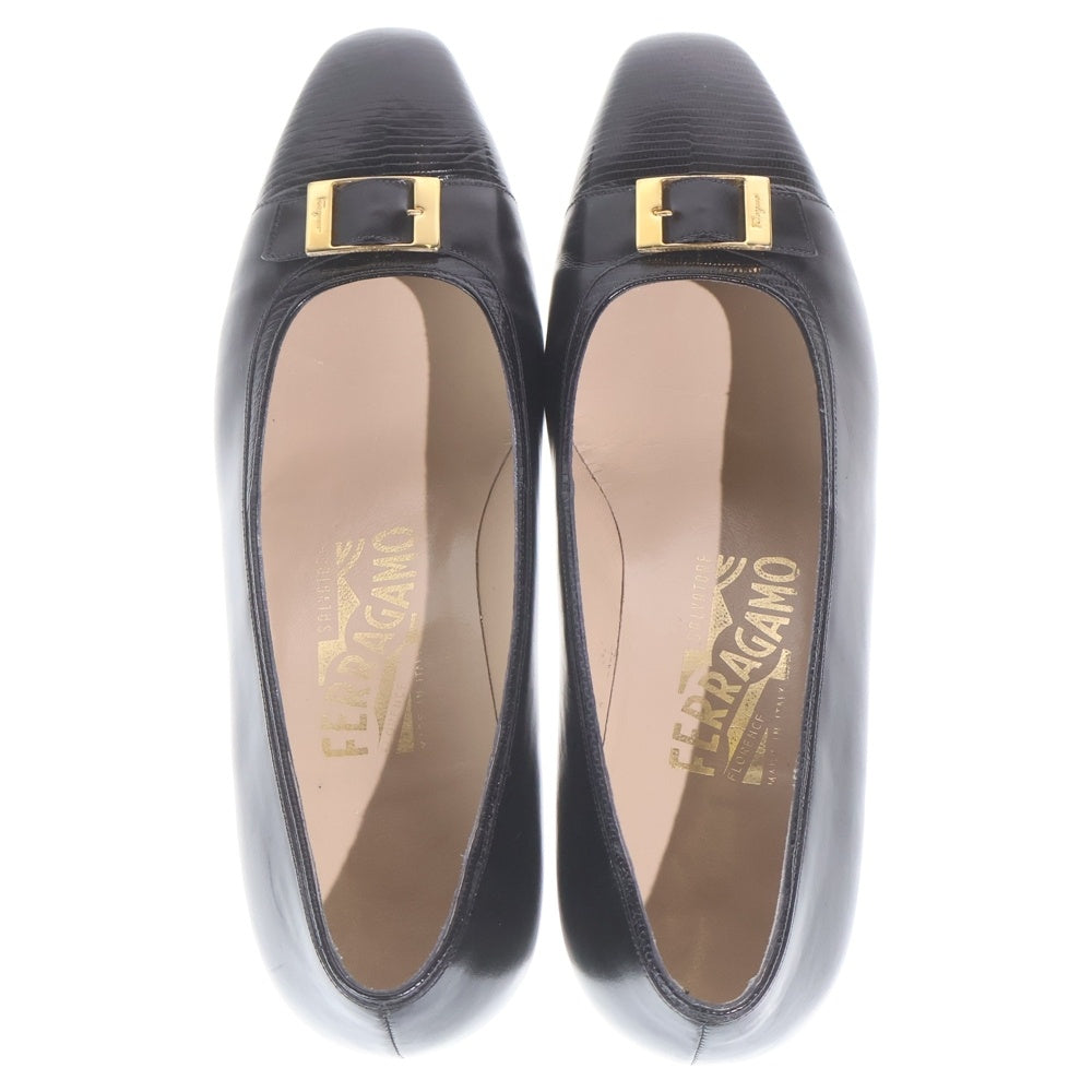 FERRAGAMO(フェラガモ) ロゴバックル レザー ヒール パンプス シューズ ブラック レディース
