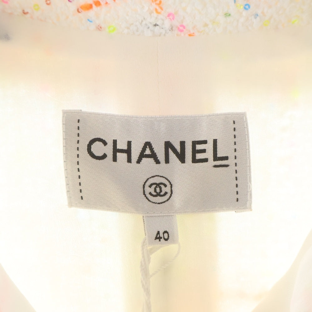 CHANEL(シャネル) 24C マルチカラーツイード スパンコール 丸襟 長袖 ミディアムワンピース ホワイト レディース