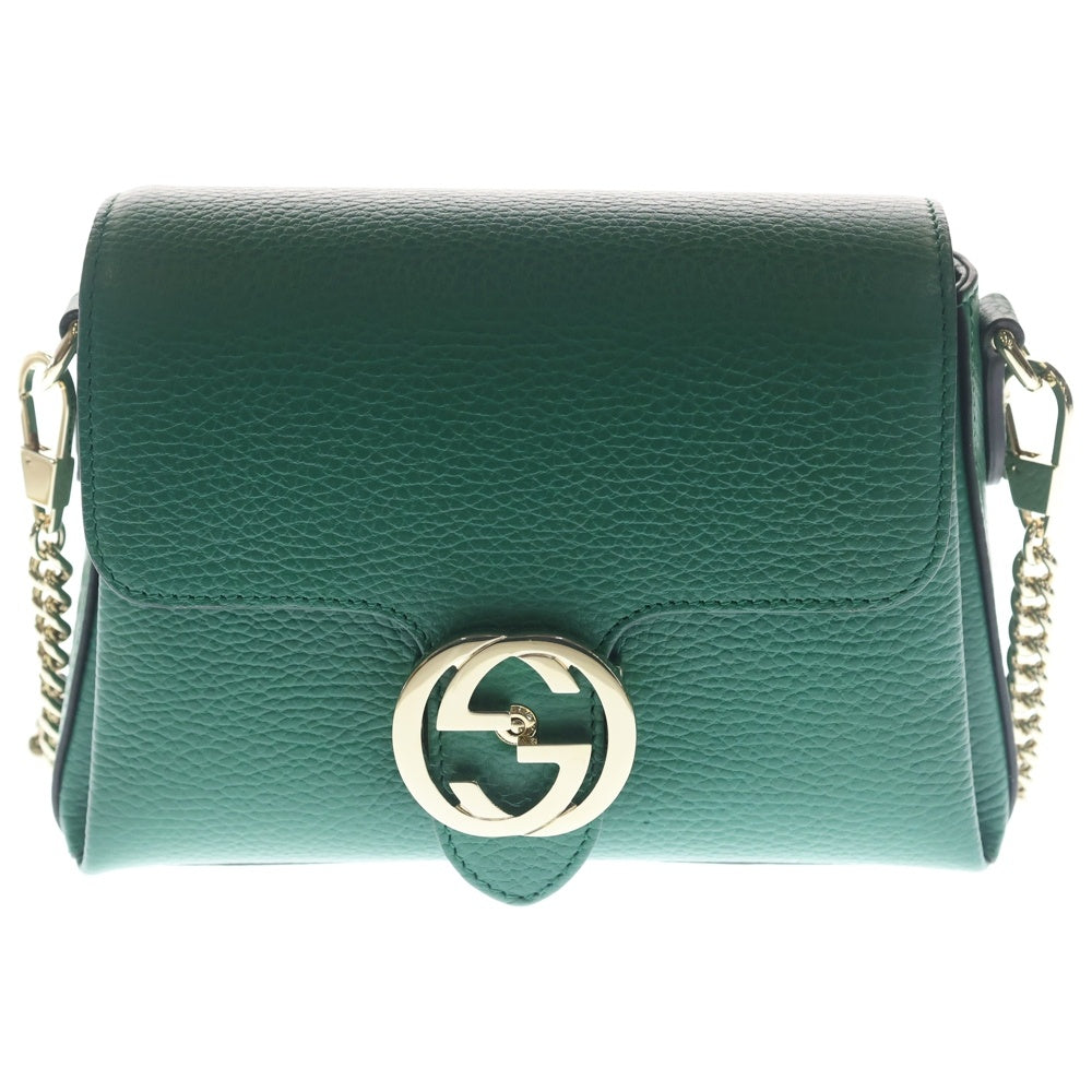 GUCCI(グッチ) インターロッキングG ショルダーバッグ チェーンバッグ グリーン レザー 607720 ゴールド金具 レディース