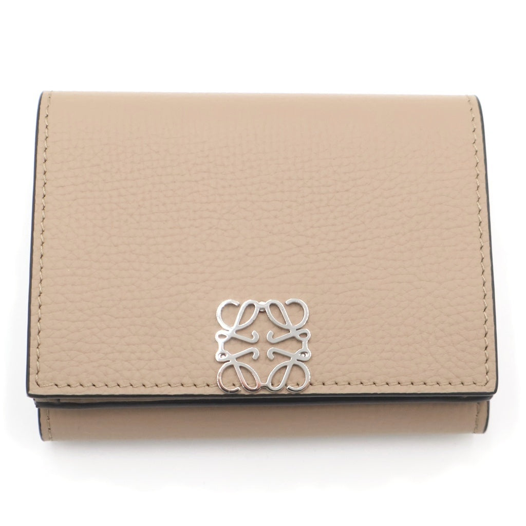 LOEWE(ロエベ) アナグラム トライフォールド コンパクトウォレット 三つ折り財布 コインケース ベージュ レザー シルバー金具 レディース