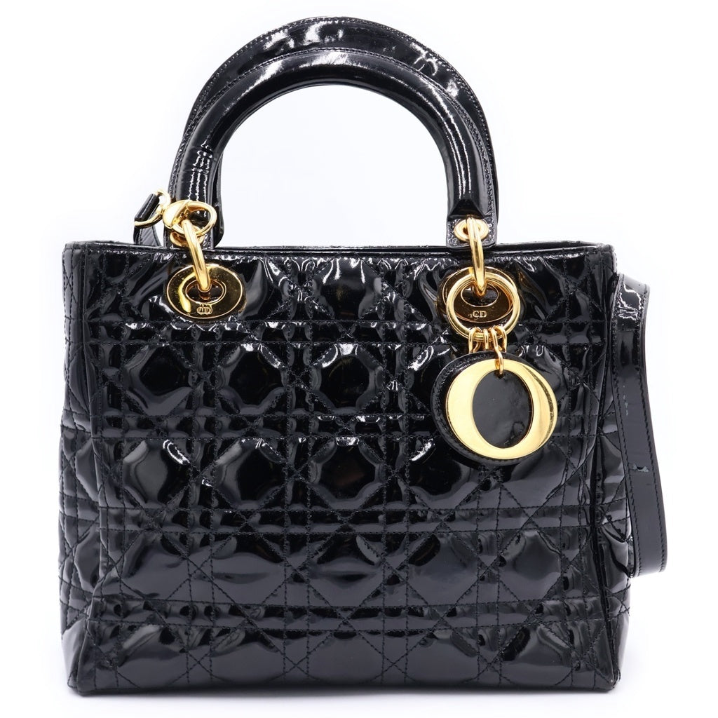 Christian Dior(クリスチャンディオール) レディ ディオール ミディアム 2wayハンドバッグ ショルダーバッグ ブラック パテントレザー ゴールド金具 レディース