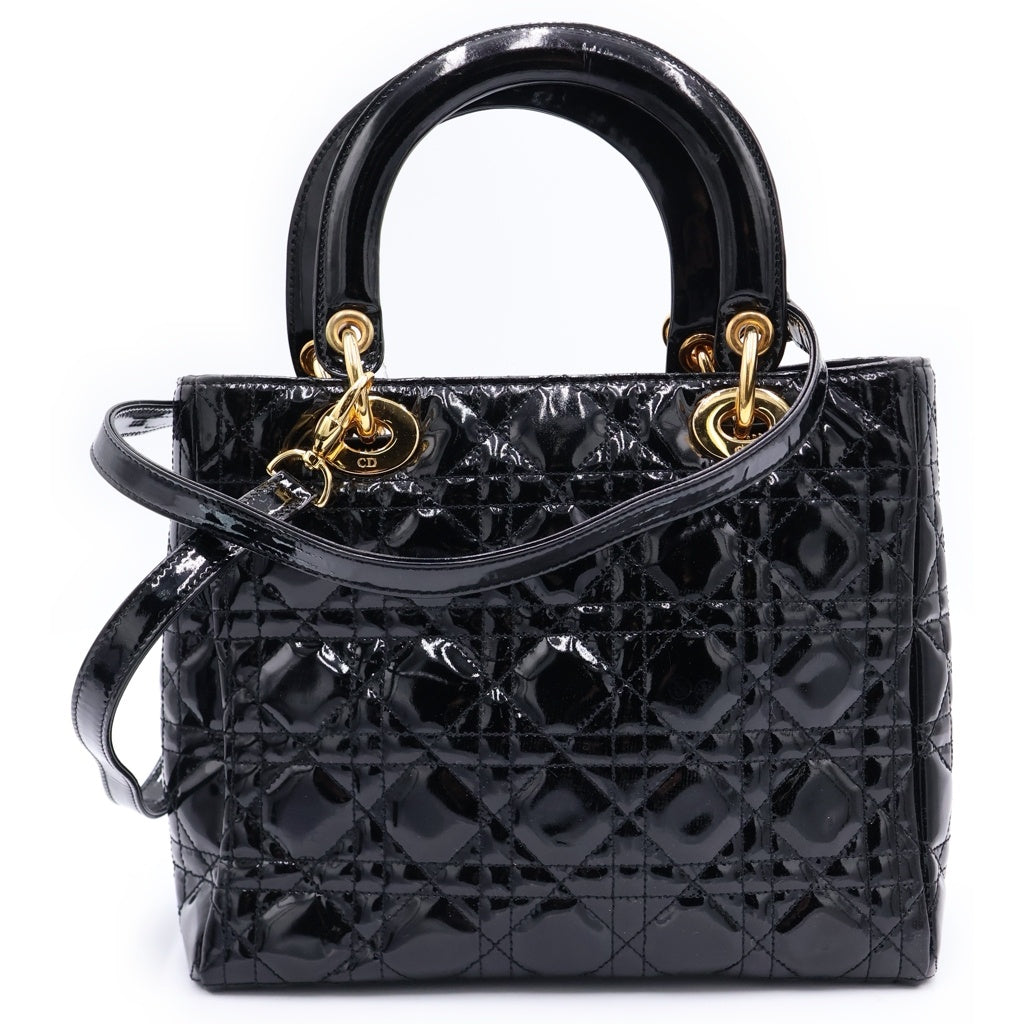 Christian Dior(クリスチャンディオール) レディ ディオール ミディアム 2wayハンドバッグ ショルダーバッグ ブラック パテントレザー ゴールド金具 レディース