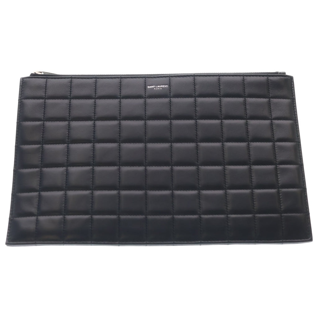SAINT LAURENT PARIS(サンローランパリ) マトラッセ カレ クラッチバッグ セカンドバッグ ケース ポーチ ブラック レザー 758196 シルバー金具 レディース