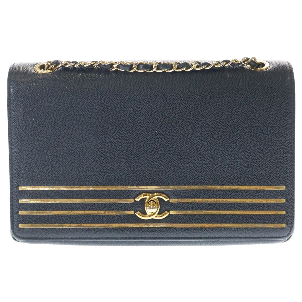 CHANEL(シャネル) キャプテンゴールド フラップバッグ ショルダーバッグ ブラック キャビアスキン ゴールド金具 レディース