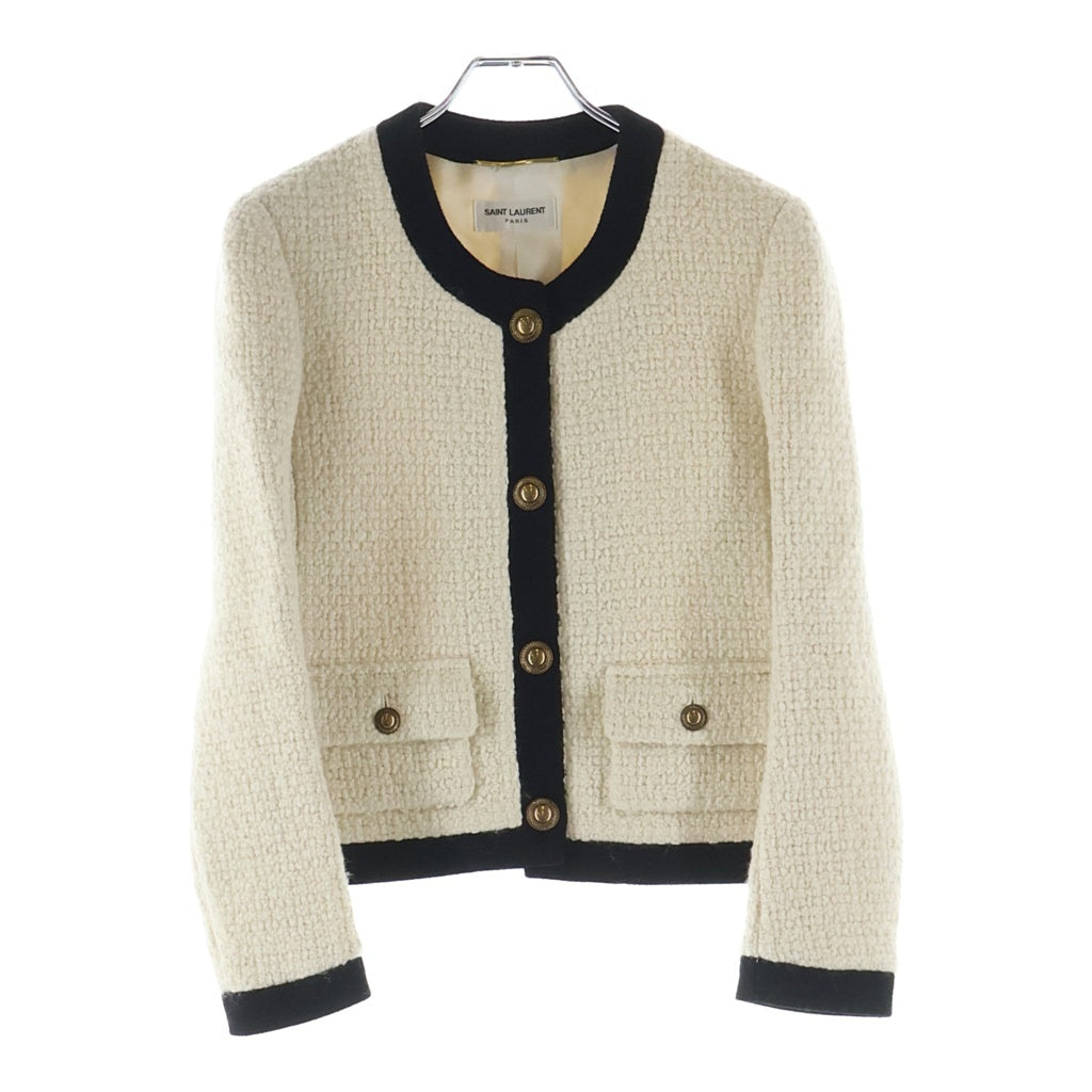 SAINT LAURENT PARIS(サンローランパリ) 金ボタン ノーカラーツイードジャケット アイボリー×ブラック #34 レディース