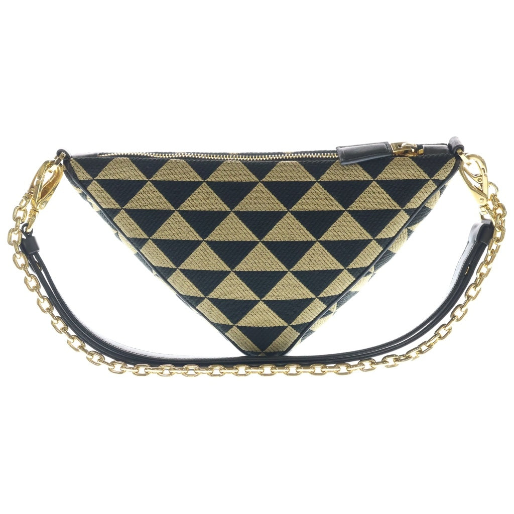 PRADA(プラダ) トライアングル ロゴプレート キャンバス レザー 2WAY ハンド チェーン ワンショルダー バッグ ゴールド金具 ブラック/ベージュ 1BC176 レディース