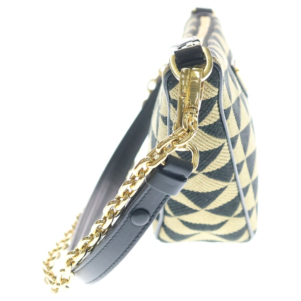 PRADA(プラダ) トライアングル ロゴプレート キャンバス レザー 2WAY ハンド チェーン ワンショルダー バッグ ゴールド金具 ブラック/ベージュ 1BC176 レディース